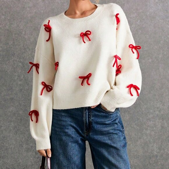 Apricot Casual Women's Christmas Cute Bow Decor Sweater - Picture 1 of 7